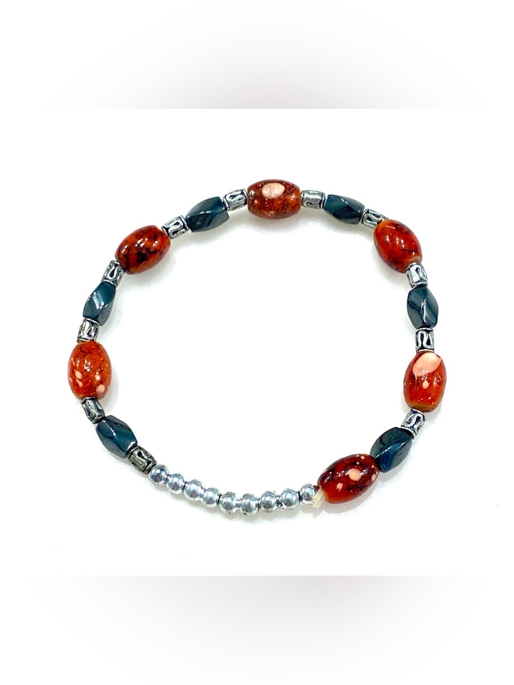 Vintage Eclectic Beaded Stretch Bracelet Red Marbled Art Glass Hematite NWOT